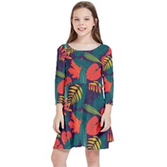 Leaves Pattern Wallpaper Seamless Kids  Quarter Sleeve Skater Dress by Sudhe