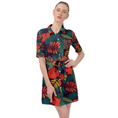 Leaves Pattern Wallpaper Seamless Belted Shirt Dress by Sudhe