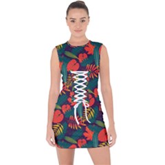 Leaves Pattern Wallpaper Seamless Lace Up Front Bodycon Dress