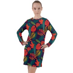 Leaves Pattern Wallpaper Seamless Long Sleeve Hoodie Dress