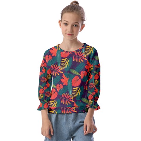 Leaves Pattern Wallpaper Seamless Kids  Cuff Sleeve Top by Sudhe