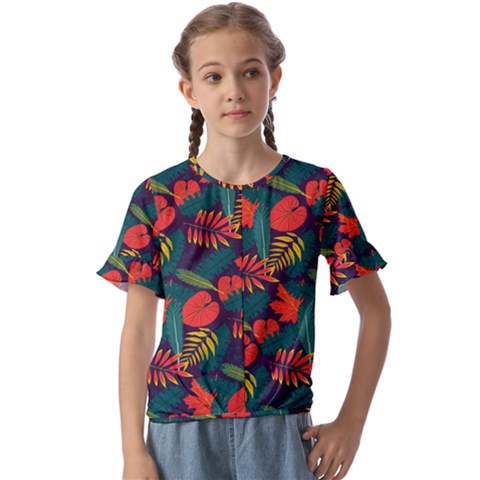 Leaves Pattern Wallpaper Seamless Kids  Cuff Sleeve Scrunch Bottom Tee by Sudhe