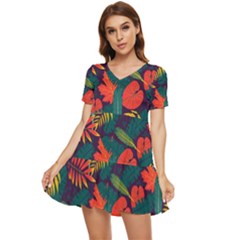 Leaves Pattern Wallpaper Seamless Tiered Short Sleeve Babydoll Dress by Sudhe