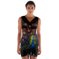 Beautiful Peacock Feather Wrap Front Bodycon Dress