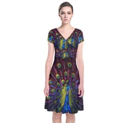 Beautiful Peacock Feather Short Sleeve Front Wrap Dress