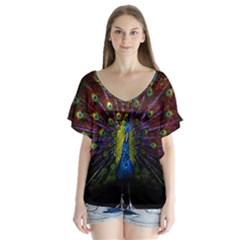 Beautiful Peacock Feather V-neck Flutter Sleeve Top