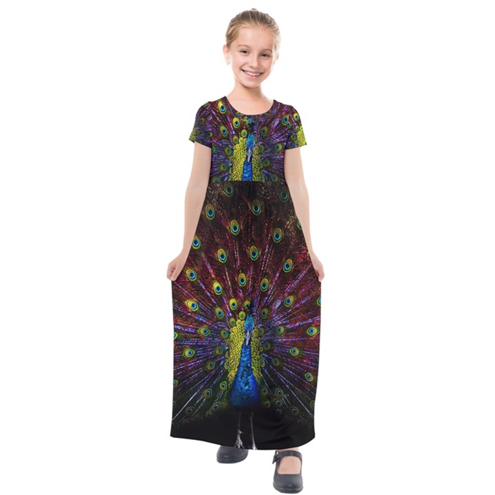 Beautiful Peacock Feather Kids  Short Sleeve Maxi Dress