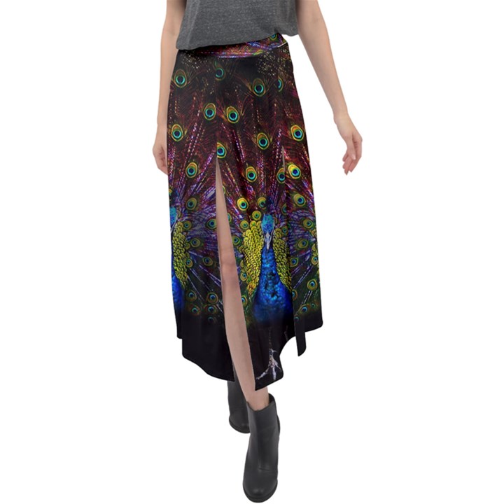 Beautiful Peacock Feather Velour Split Maxi Skirt