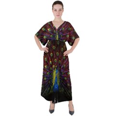 Beautiful Peacock Feather V-neck Boho Style Maxi Dress