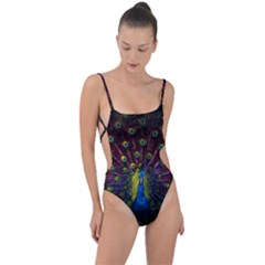 Beautiful Peacock Feather Tie Strap One Piece Swimsuit