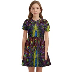 Beautiful Peacock Feather Kids  Bow Tie Puff Sleeve Dress