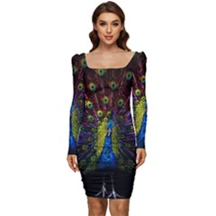 Beautiful Peacock Feather Women Long Sleeve Ruched Stretch Jersey Dress