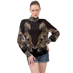 Animalsangry Male Lions Conflict High Neck Long Sleeve Chiffon Top by Jancukart