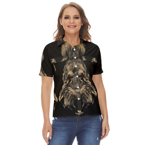 Animalsangry Male Lions Conflict Women s Short Sleeve Double Pocket Shirt by Jancukart