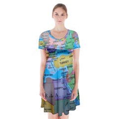 Globe World Map Maps Europe Short Sleeve V-neck Flare Dress by Jancukart