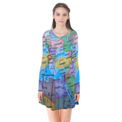 Globe World Map Maps Europe Long Sleeve V-neck Flare Dress by Jancukart