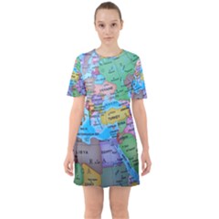 Globe World Map Maps Europe Sixties Short Sleeve Mini Dress by Jancukart