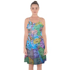 Globe World Map Maps Europe Ruffle Detail Chiffon Dress