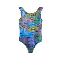 Globe World Map Maps Europe Kids  Frill Swimsuit