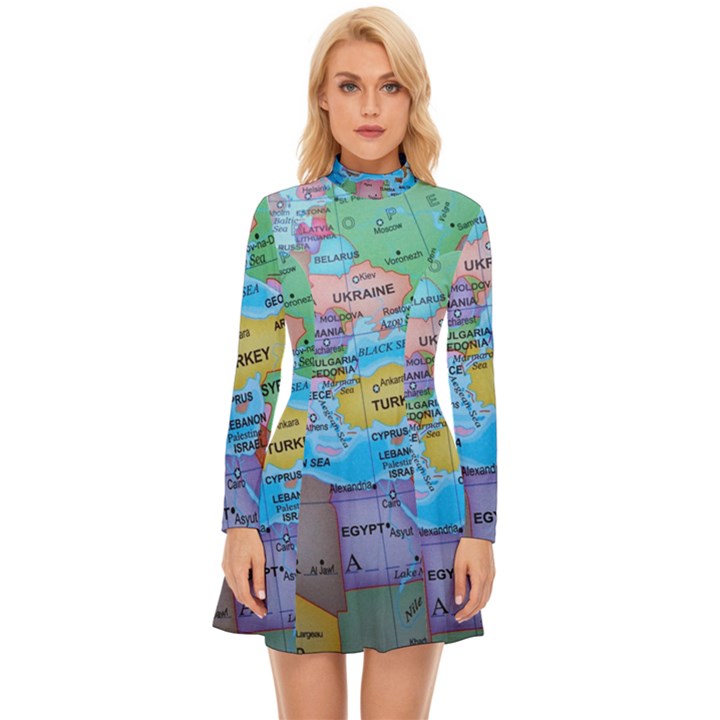 Globe world map maps europe Long Sleeve Velour Longline Dress