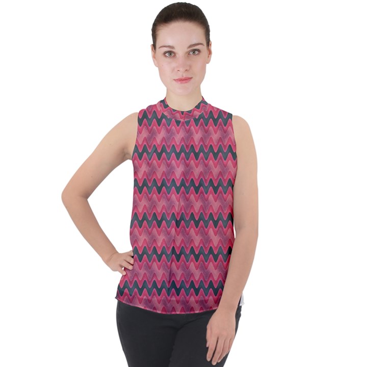 Background-pattern-structure Mock Neck Chiffon Sleeveless Top