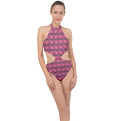 Background-pattern-structure Halter Side Cut Swimsuit