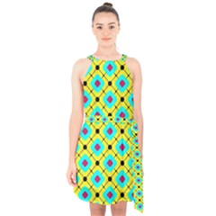 Abstract Pattern Tiles Square Design Modern Halter Collar Waist Tie Chiffon Dress by Amaryn4rt