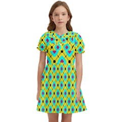 Abstract Pattern Tiles Square Design Modern Kids  Bow Tie Puff Sleeve Dress