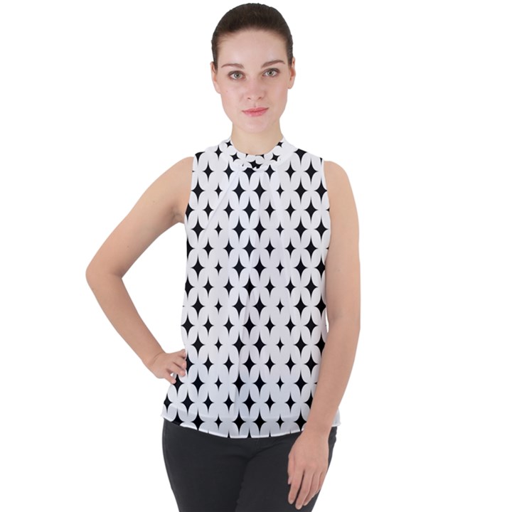 Pattern-whit Star Black Mock Neck Chiffon Sleeveless Top