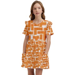 Illustration Orange Background Rectangles Pattern Kids  Frilly Sleeves Pocket Dress by Amaryn4rt