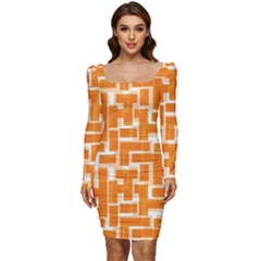 Illustration Orange Background Rectangles Pattern Women Long Sleeve Ruched Stretch Jersey Dress