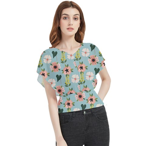 Illustration Flower White Pattern Floral Butterfly Chiffon Blouse by Amaryn4rt