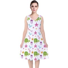 Turtles Animals Sea Life V-neck Midi Sleeveless Dress  by Amaryn4rt