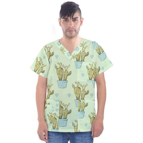 Background Pattern Green Cactus Flora Men s V-neck Scrub Top by Amaryn4rt