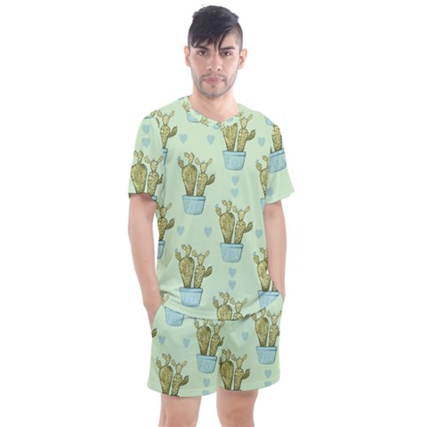 Background Pattern Green Cactus Flora Men s Mesh Tee And Shorts Set by Amaryn4rt