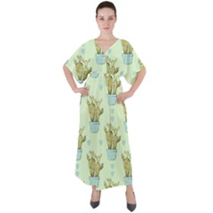 Background Pattern Green Cactus Flora V-neck Boho Style Maxi Dress