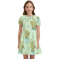 Background Pattern Green Cactus Flora Kids  Bow Tie Puff Sleeve Dress