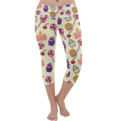 Food Illustration Cupcake Pattern Lollipop Capri Yoga Leggings by Amaryn4rt