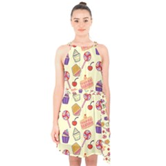 Food Illustration Cupcake Pattern Lollipop Halter Collar Waist Tie Chiffon Dress