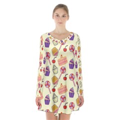 Food Illustration Cupcake Pattern Lollipop Long Sleeve Velvet V-neck Dress