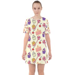 Food Illustration Cupcake Pattern Lollipop Sixties Short Sleeve Mini Dress by Amaryn4rt