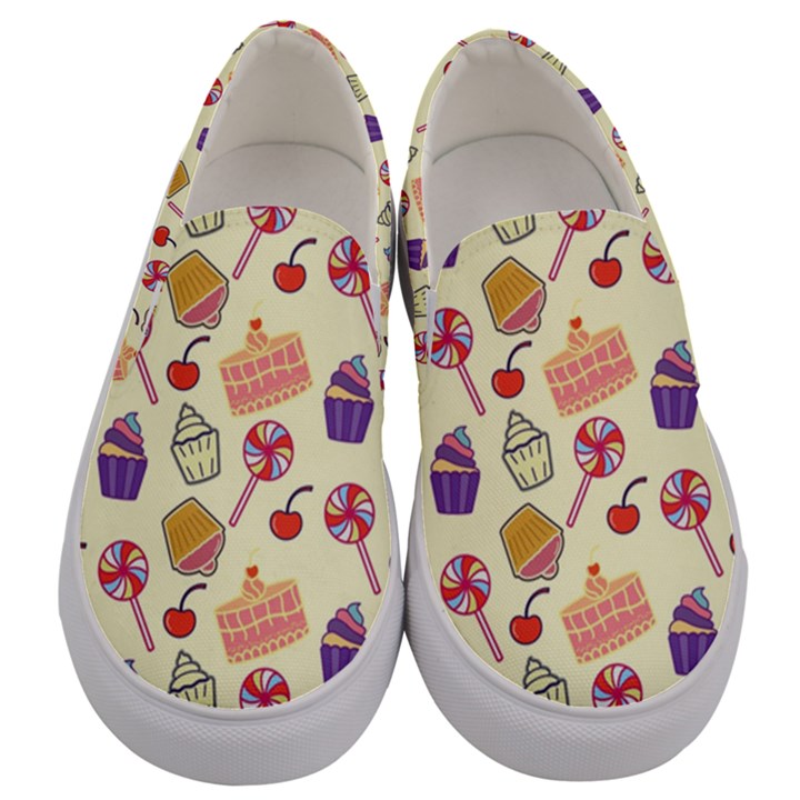 Food Illustration Cupcake Pattern Lollipop Men s Canvas Slip Ons