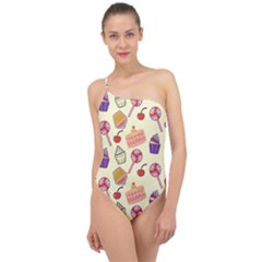 Food Illustration Cupcake Pattern Lollipop Classic One Shoulder Swimsuit by Amaryn4rt