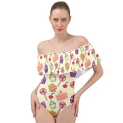 Food Illustration Cupcake Pattern Lollipop Off Shoulder Velour Bodysuit  by Amaryn4rt