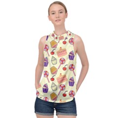 Food Illustration Cupcake Pattern Lollipop High Neck Satin Top by Amaryn4rt