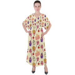 Food Illustration Cupcake Pattern Lollipop V-neck Boho Style Maxi Dress