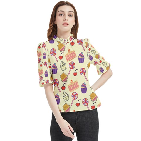 Food Illustration Cupcake Pattern Lollipop Frill Neck Blouse by Amaryn4rt