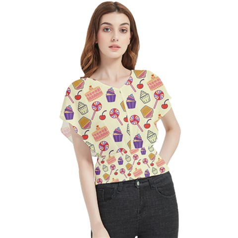 Food Illustration Cupcake Pattern Lollipop Butterfly Chiffon Blouse by Amaryn4rt