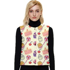 Food Illustration Cupcake Pattern Lollipop Women s Short Button Up Puffer Vest