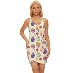 Food Illustration Cupcake Pattern Lollipop Wrap Tie Front Dress